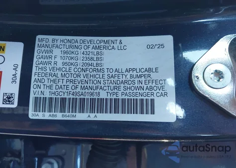 2025 Honda Accord Se from USA, damaged, VIN 1HGCY1F49SA019618